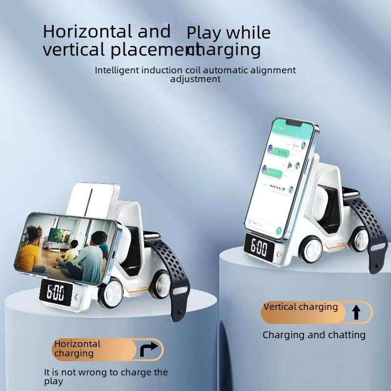 Two smartphone charging stands with horizontal and vertical charging options on a light blue background.