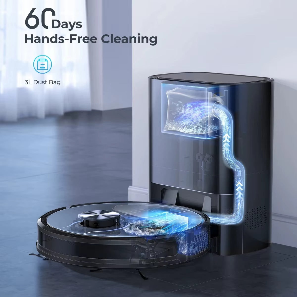 Robotic vacuum cleaner with cleaning solution on a tiled floor, showing '60 Days Hands-Free Cleaning' text.