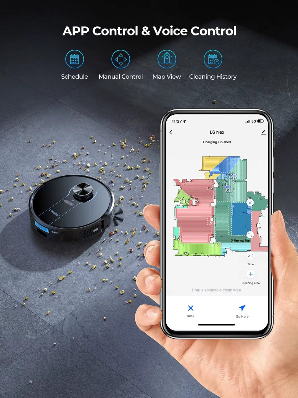 Smart vacuum cleaner with app control on a dark surface