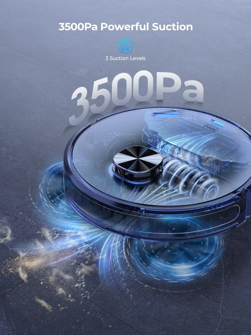 Robotic vacuum cleaner with 3500Pa suction on a dark surface