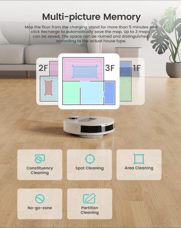 Robotic vacuum cleaner with multi-picture memory feature on a wooden floor.