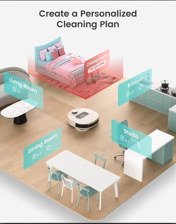 Diagram of a home layout with labeled rooms and a robot vacuum cleaner, promoting a personalized cleaning plan.