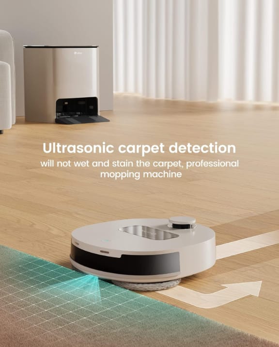 Robotic mop cleaning a wooden floor with text about ultrasonic carpet detection.