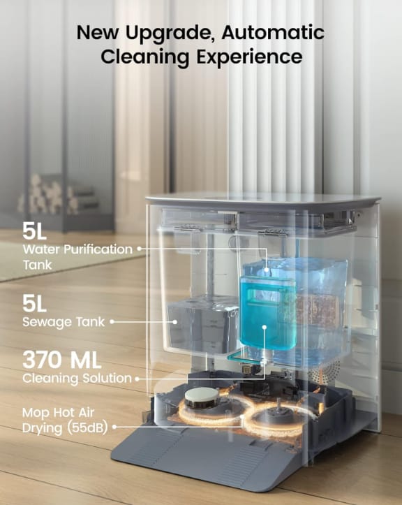 Automatic cleaning device with labeled components on a wooden floor.