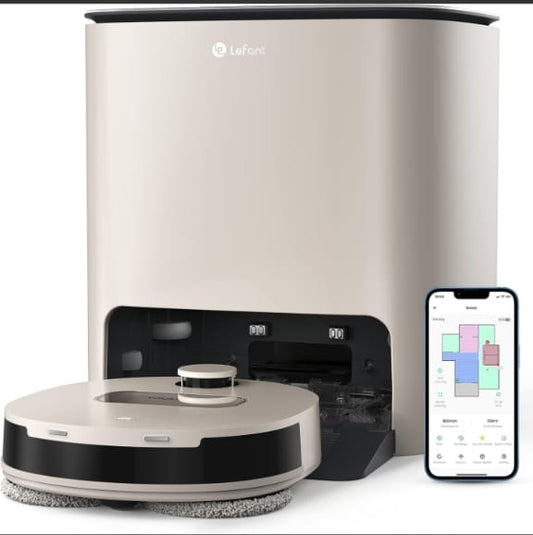 Robotic vacuum cleaner with smartphone app interface on a white background
