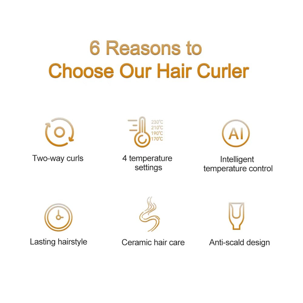 List of reasons to choose a hair curler with icons and text on a white background