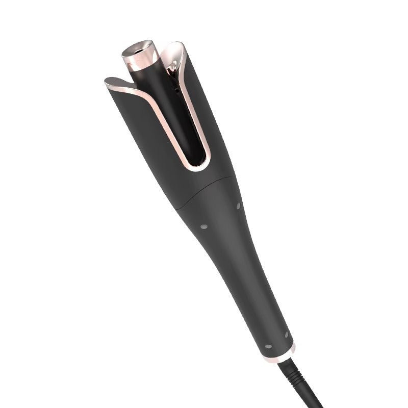 Black hair straightener with rose gold accents on a white background