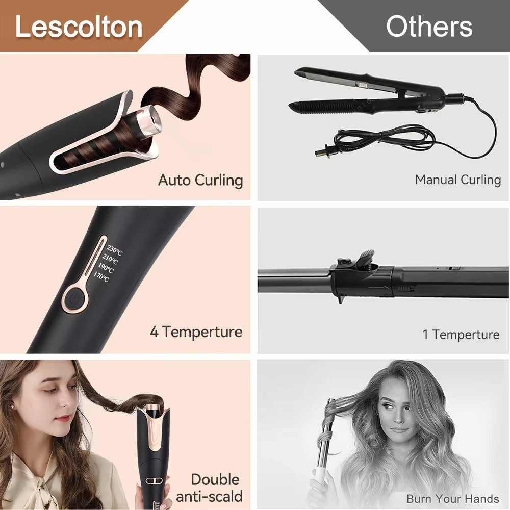Comparison of Lescolton auto curling iron with other manual curling tools on a divided background.