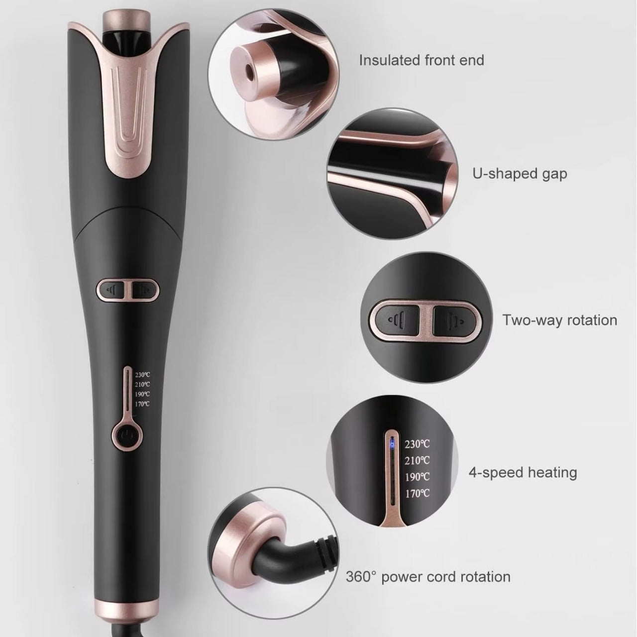 Hair straightener with features highlighted on a white background