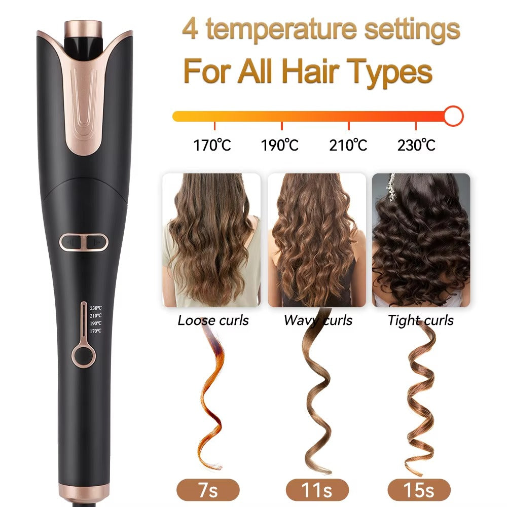 Hair styling tool with temperature settings and curl examples on a white background