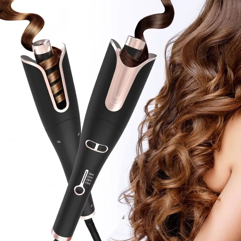Hair straightener with a close-up of styled hair on a white background