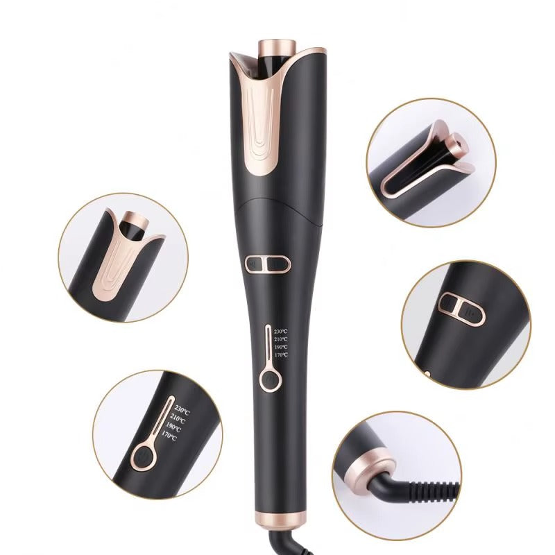Black and rose gold hair straightener with close-up details on a white background