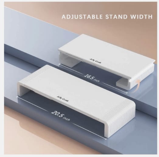 Two adjustable computer stands with measurements on a clear surface