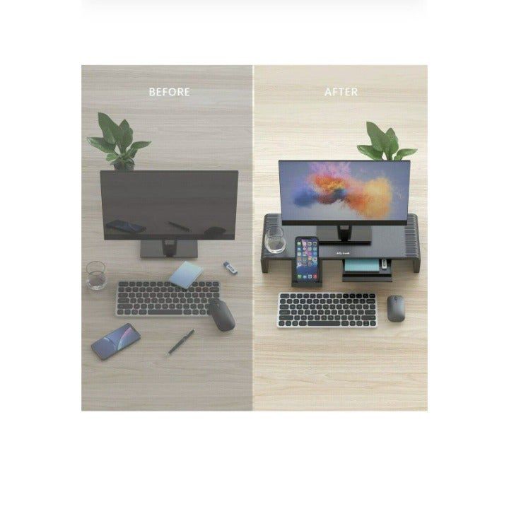Before and after comparison of a desk setup with a computer and smartphone.