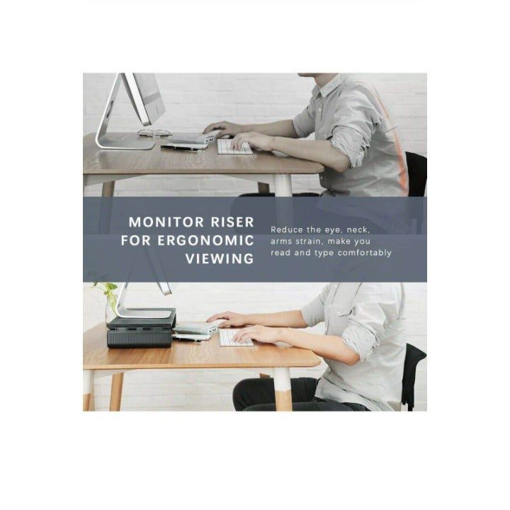 Person using a computer with a monitor riser, text about ergonomic benefits.