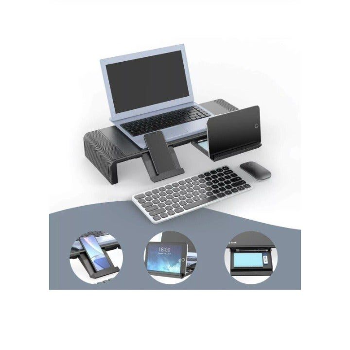 Multifunctional desk setup with laptop, tablet, smartphone, and mouse on a white background