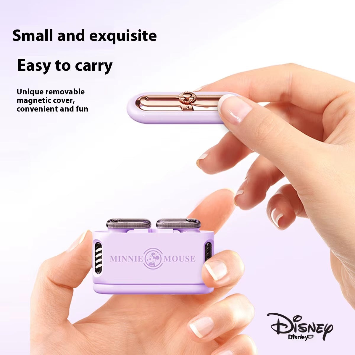 Purple device with a magnetic cover held by hands, featuring Disney branding.