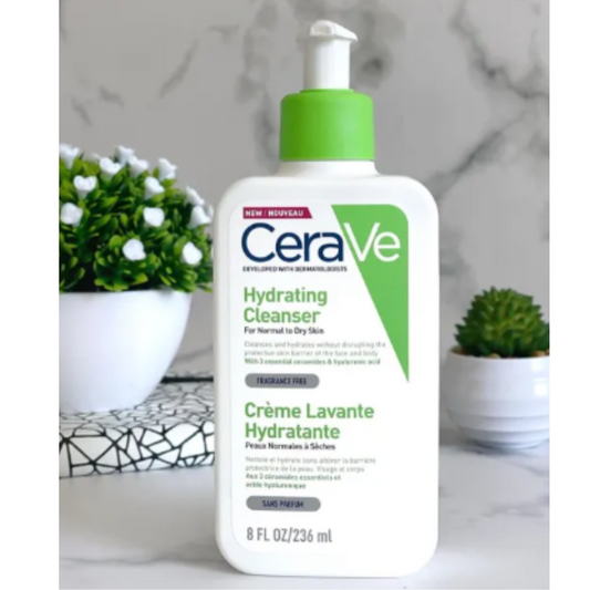 CeraVe hydrating cleanser bottle on a neutral background with decorative elements.