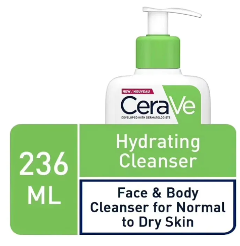 CeraVe hydrating cleanser bottle with green pump on a white background