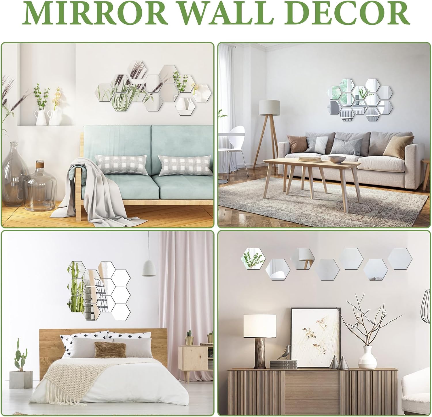 Collage of living room and bedroom scenes with mirror wall decor.