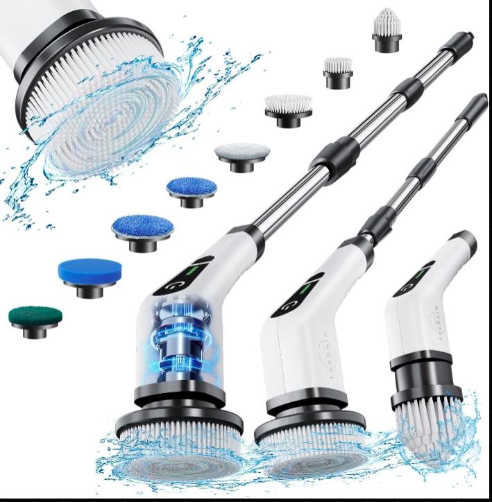 Multifunctional cleaning brush with various attachments and water splashes on a white background