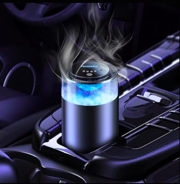 Car air freshener with blue light and smoke effect on a car dashboard