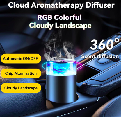 Cloud aromatherapy diffuser with RGB lighting in a car cup holder, featuring text on features.