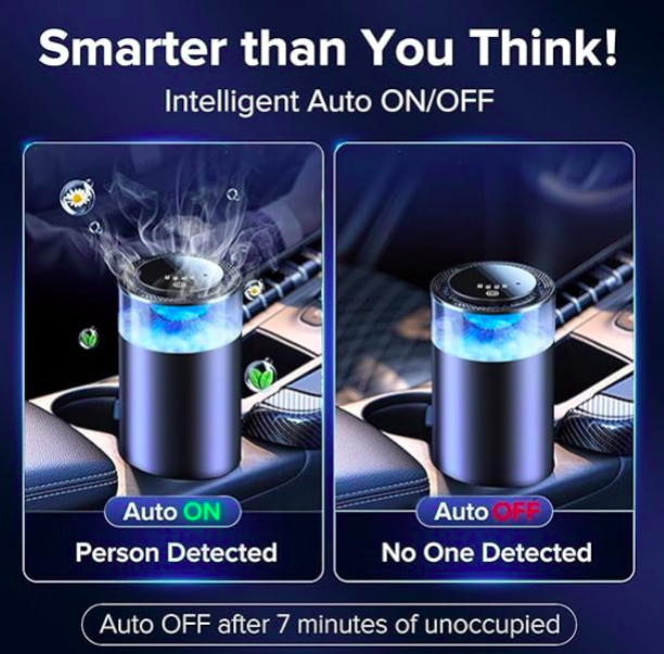 Car cup holder with an intelligent auto ON/OFF device showing 'Auto ON' when detected and 'Auto OFF' after 7 minutes.
