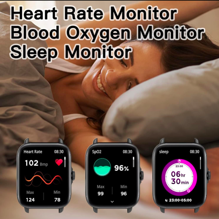 Smartwatch displaying heart rate, blood oxygen, and sleep monitors with a woman lying down.
