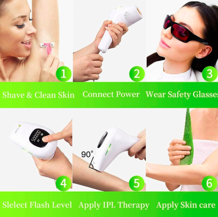 Step-by-step guide on using an IPL device for skin care with images and text labels.