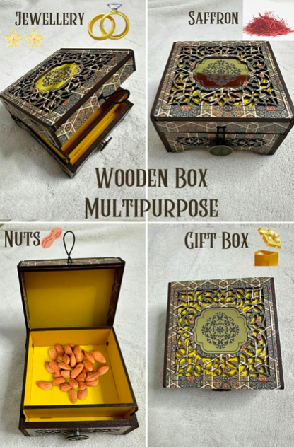 Collage of wooden boxes with decorative patterns and text indicating their uses.