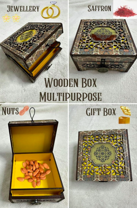 Wooden handmade crafted dry fruit storage Box  Intricate Patterns single compartments