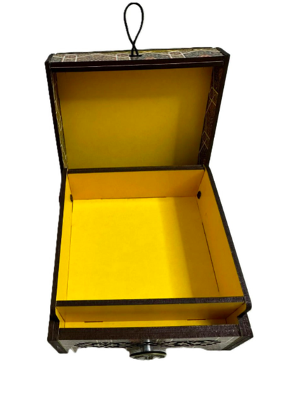 Open wooden box with yellow interior on a white background