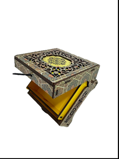 Decorative box with intricate patterns and a yellow interior on a white background