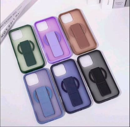 Set of six phone cases with colorful grips on a white surface