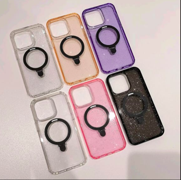 Set of six phone case with ring holders in various colors on a light background