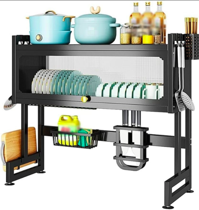 Kitchen sink area with a black dish rack, turquoise pots, and various kitchen utensils.
