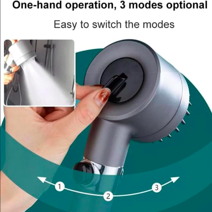 Handheld device with mode switch, showing one-hand operation and three modes on a green background.