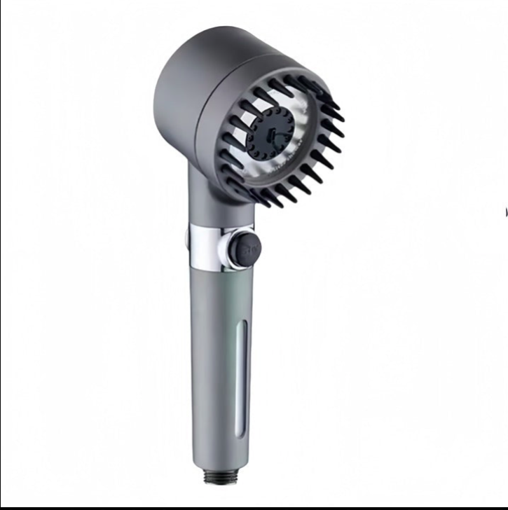 Handheld shower head with adjustable nozzle on a white background