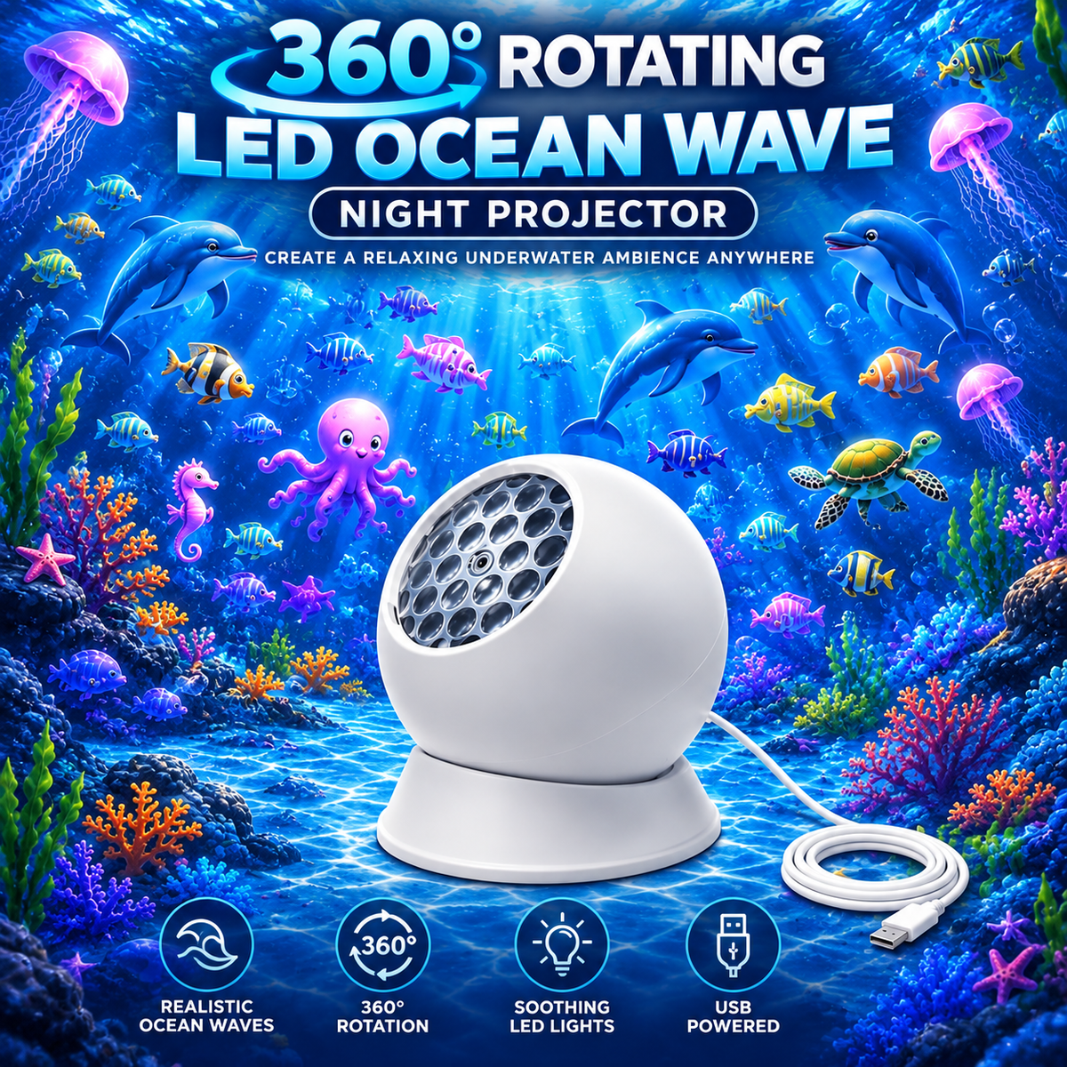 360° Rotating Ocean Wave LED Ambient Night Light