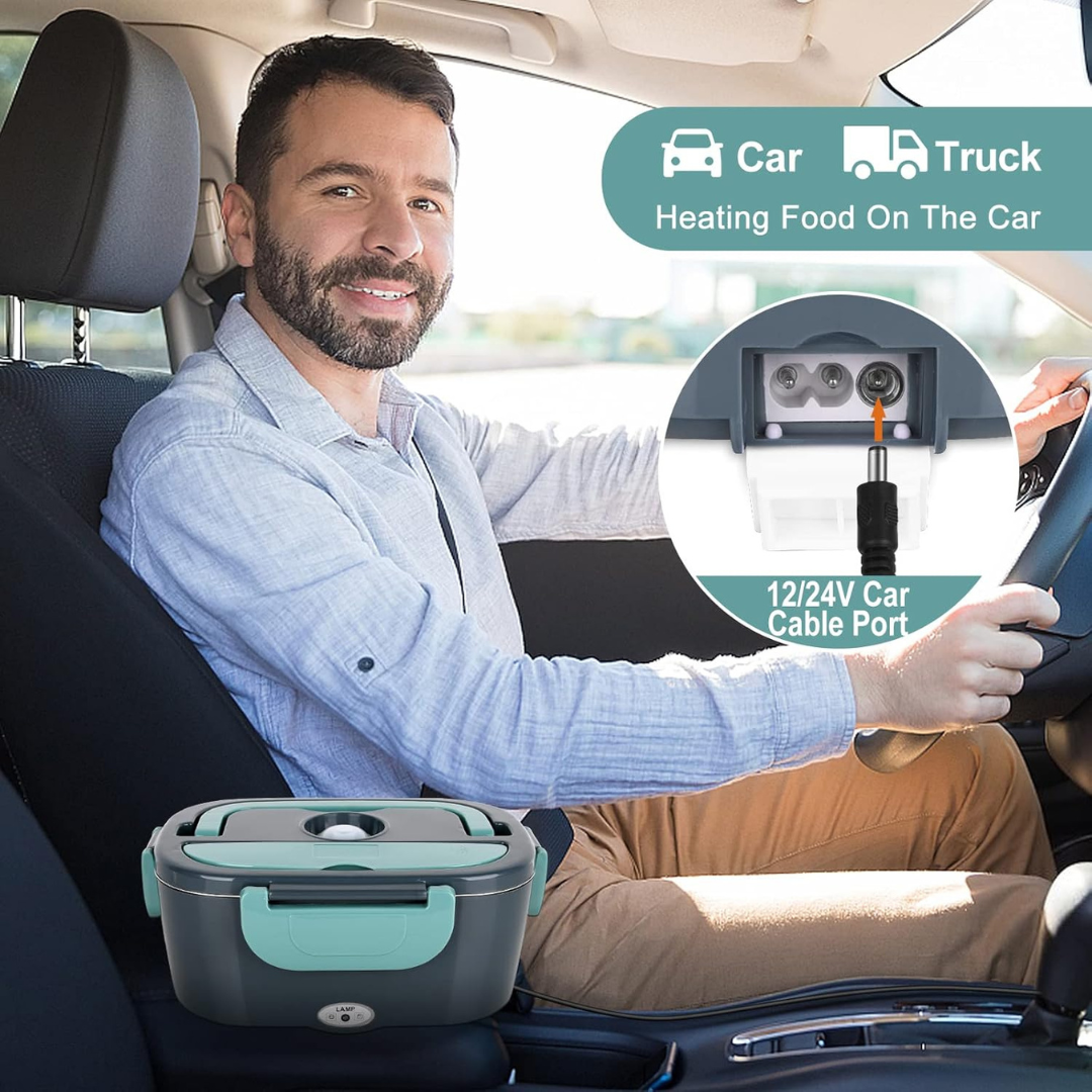 Portable Electric Heating Lunch Box with 1.5L Stainless Steel Container and Dual Voltage Car Adapter