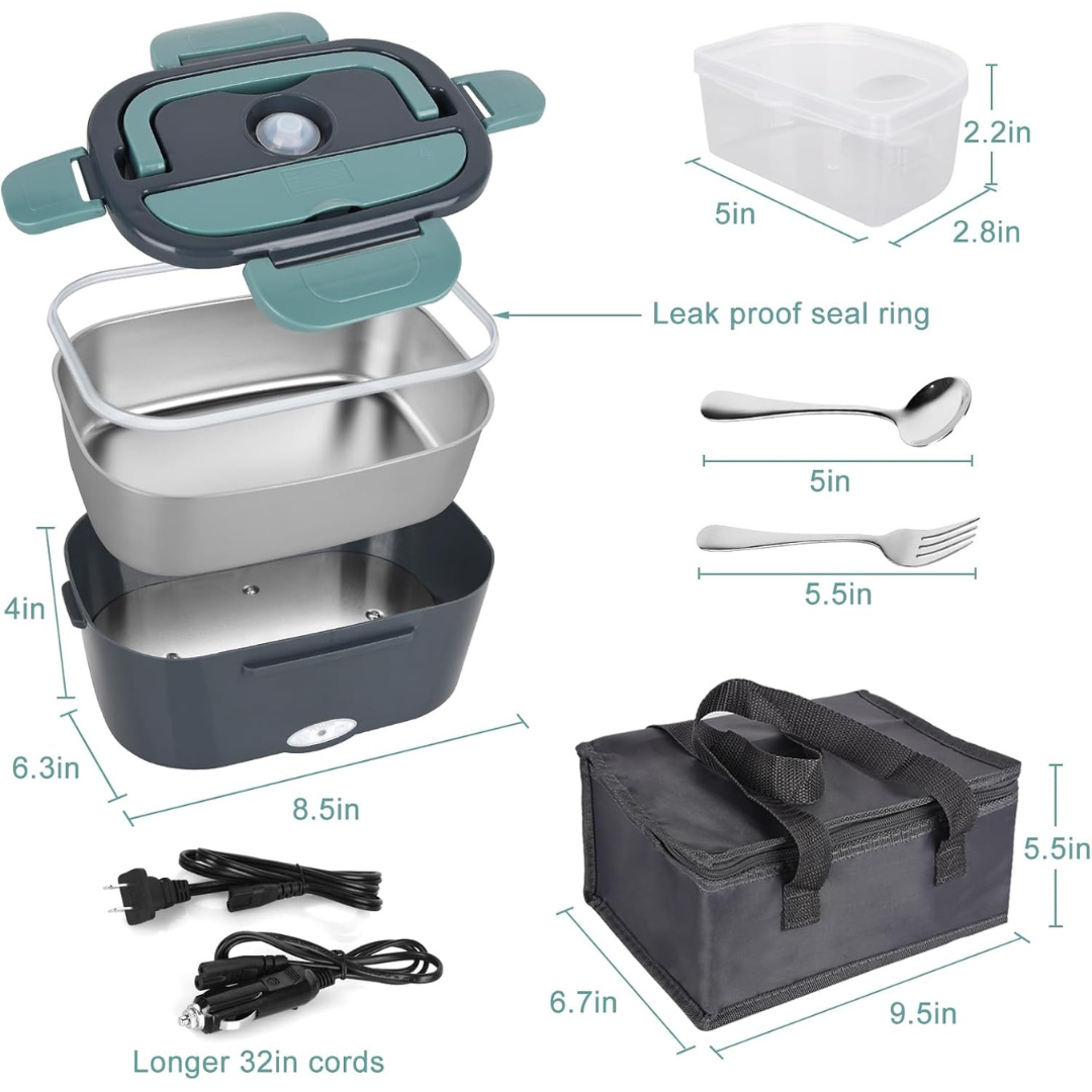 Portable Electric Heating Lunch Box with 1.5L Stainless Steel Container and Dual Voltage Car Adapter