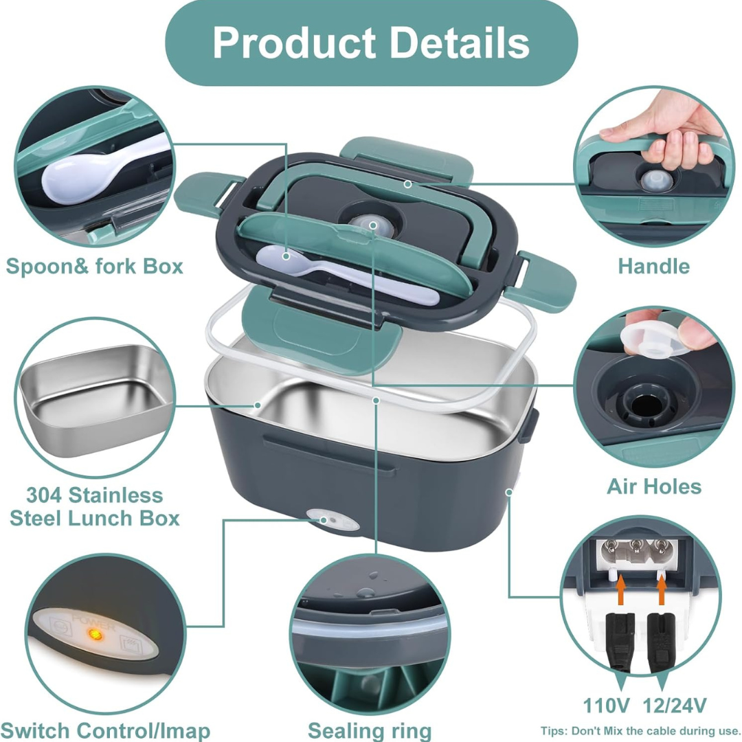 Portable Electric Heating Lunch Box with 1.5L Stainless Steel Container and Dual Voltage Car Adapter