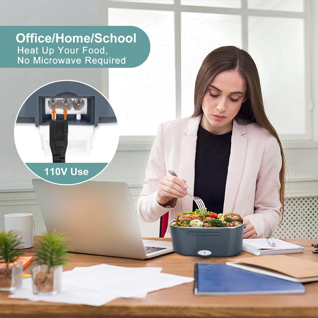 Portable Electric Heating Lunch Box with 1.5L Stainless Steel Container and Dual Voltage Car Adapter