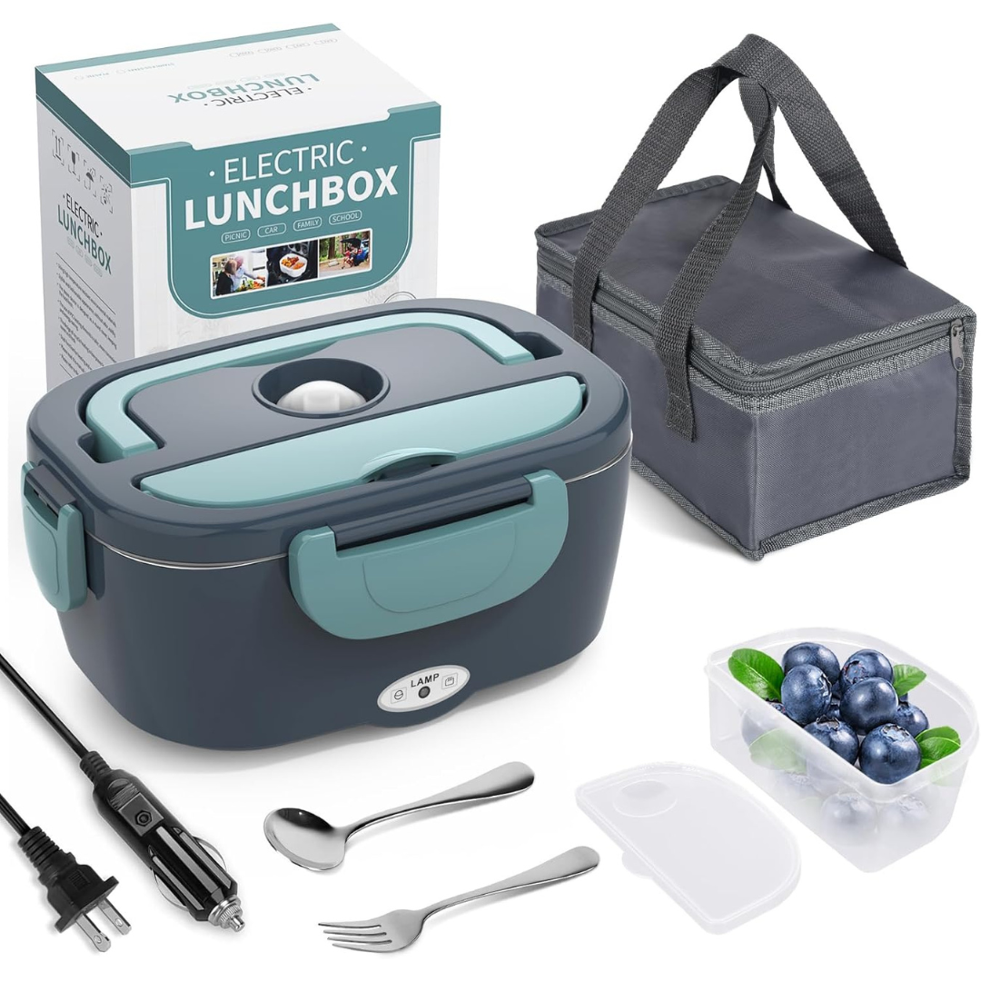 Portable Electric Heating Lunch Box with 1.5L Stainless Steel Container and Dual Voltage Car Adapter
