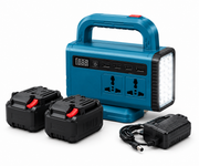 Blue portable power station shown with two battery packs and a charging adapter