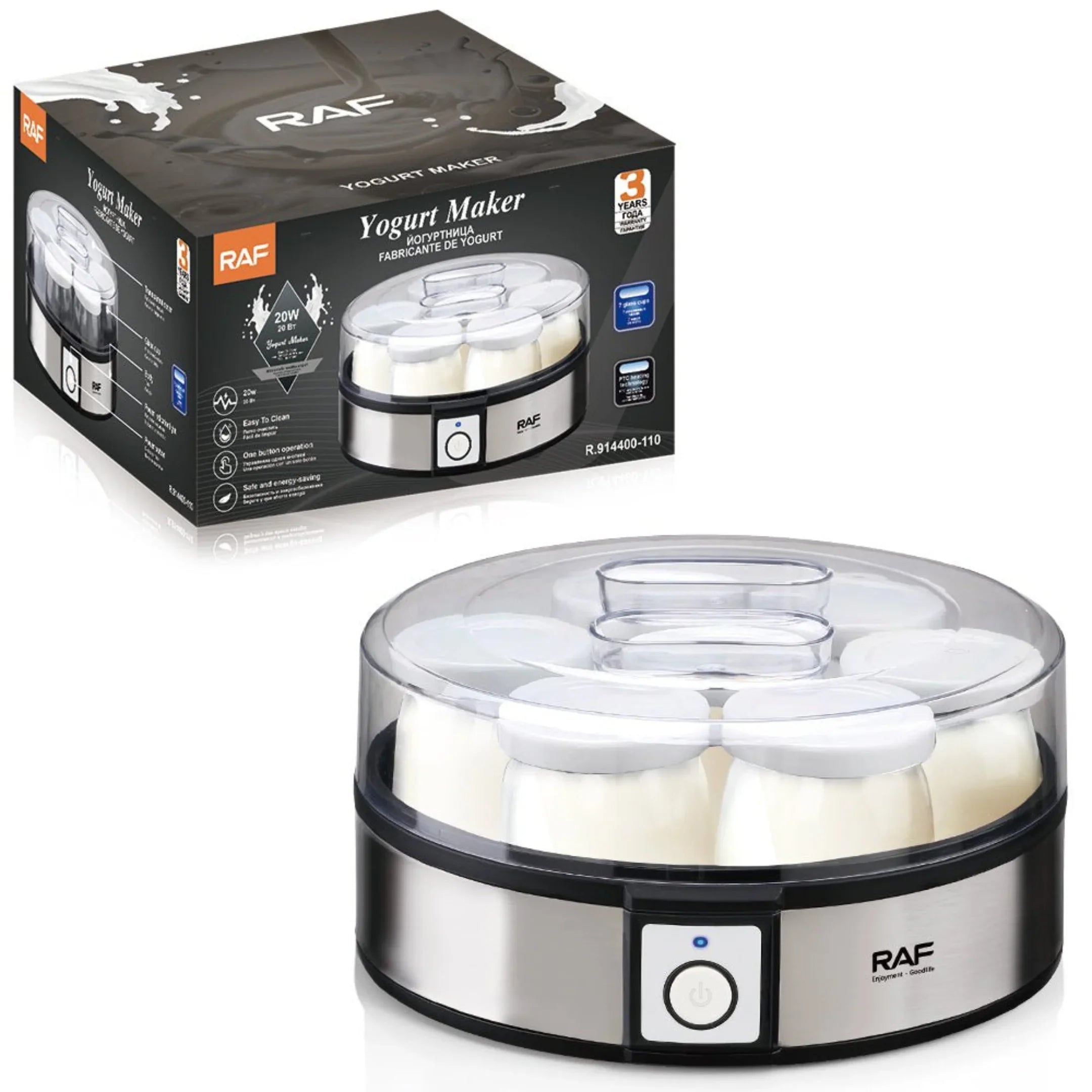 RAF Electric Yogurt Maker 20W with 7 Glass Jars, Automatic One-Button Operation