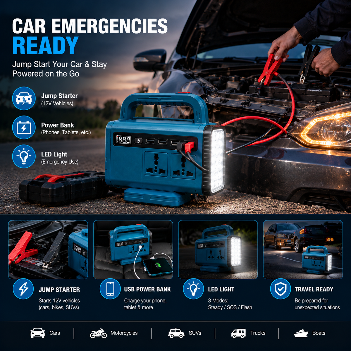 Portable Power Station & Car Jump Starter with LED Light