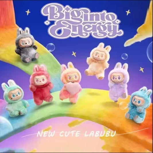 Promotional image of colorful plush toys with 'Big into Energy' text on a rainbow background.