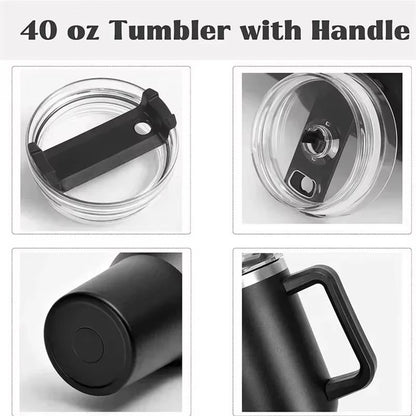 40 oz tumbler with handle shown from different angles on a white background